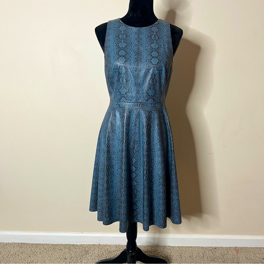 Sleeveless Blue Snake-Print Faux Leather Fit & Flare Dress